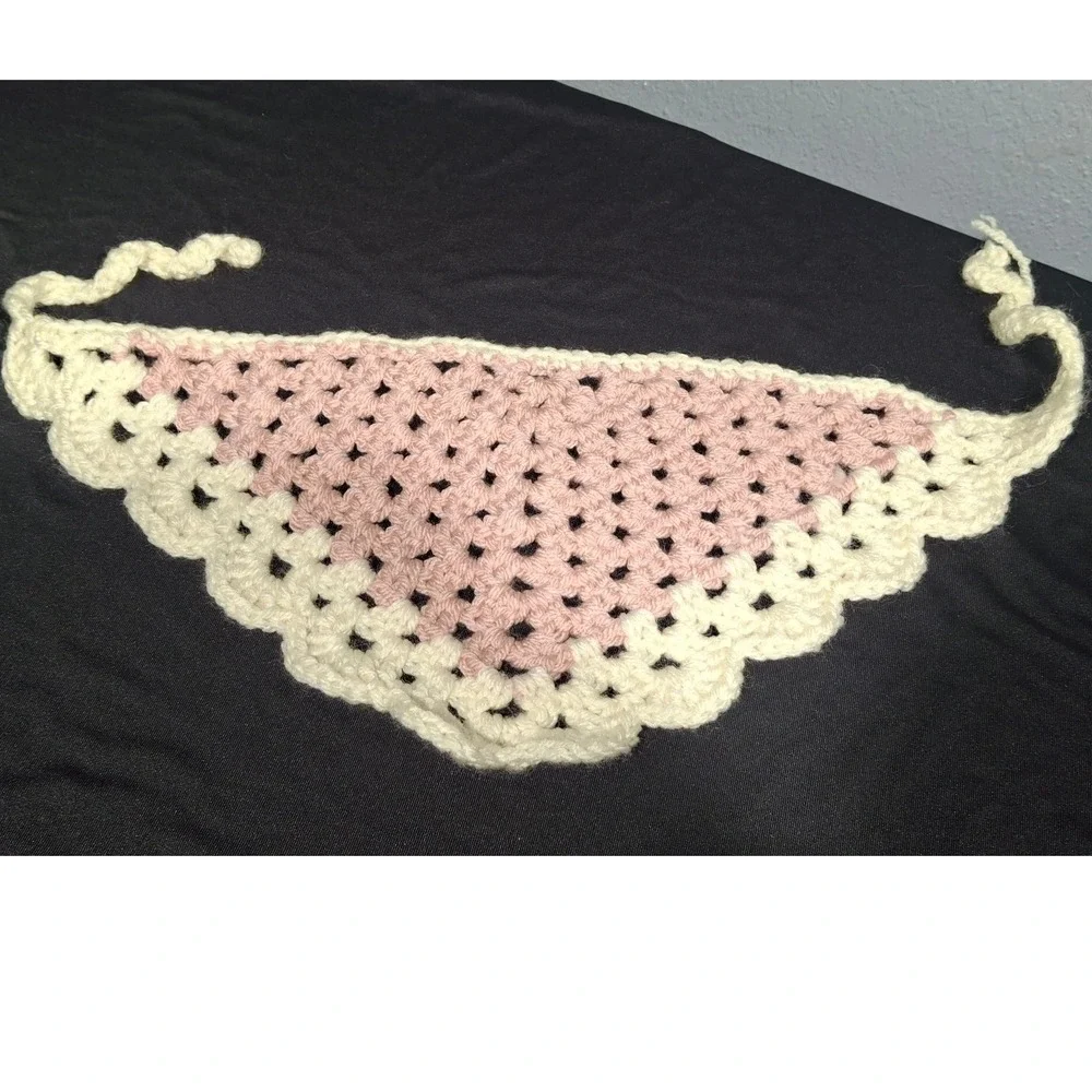 Handmade Crochet Bandana Hair Scarf Pink Cream Boho Cottagecore Granny Square
